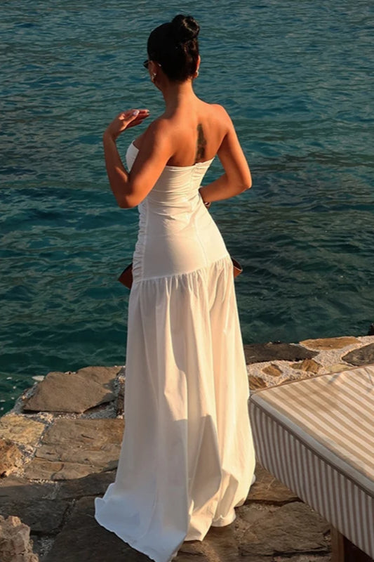 Trägerloses Maxikleid mit Farbblockmuster und Netzdetails