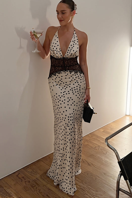 Maxikleid mit Druck, Spitze und Netzdetails