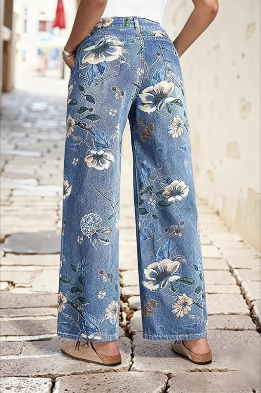 Jeans mit weitem Bein und Blumenmuster