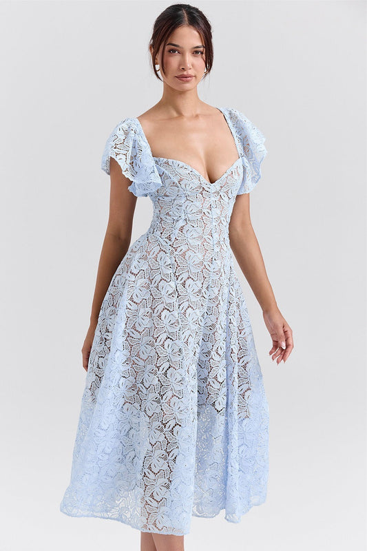 Rückenfreies Maxikleid mit V-Ausschnitt, Blumenmuster und Spitze