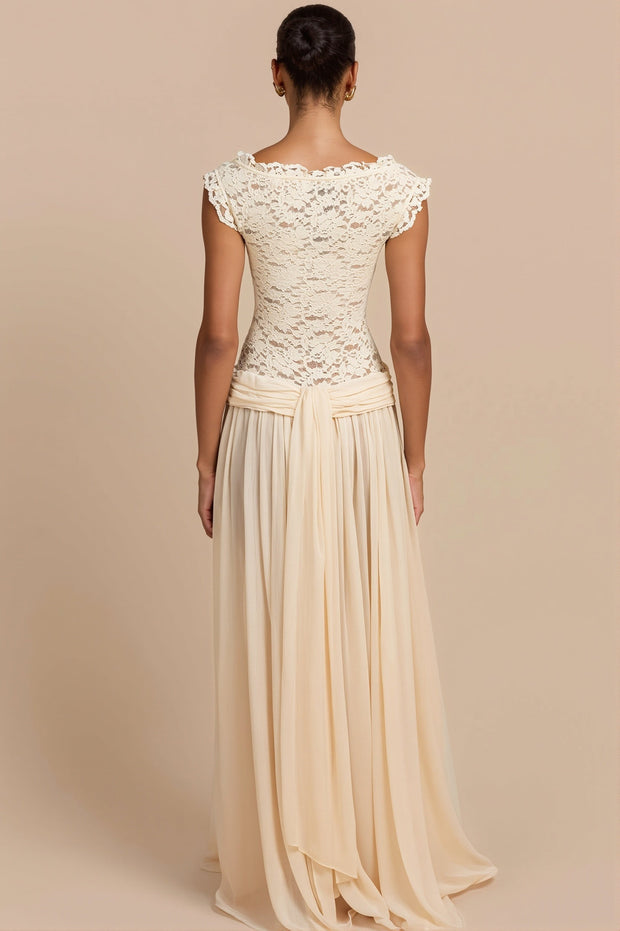 Maxikleid mit V-Ausschnitt, Spitze und Netzdetails