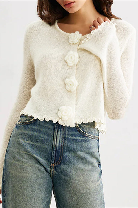 Strickjacke mit Blumenmuster, Strickstruktur und Rüschen