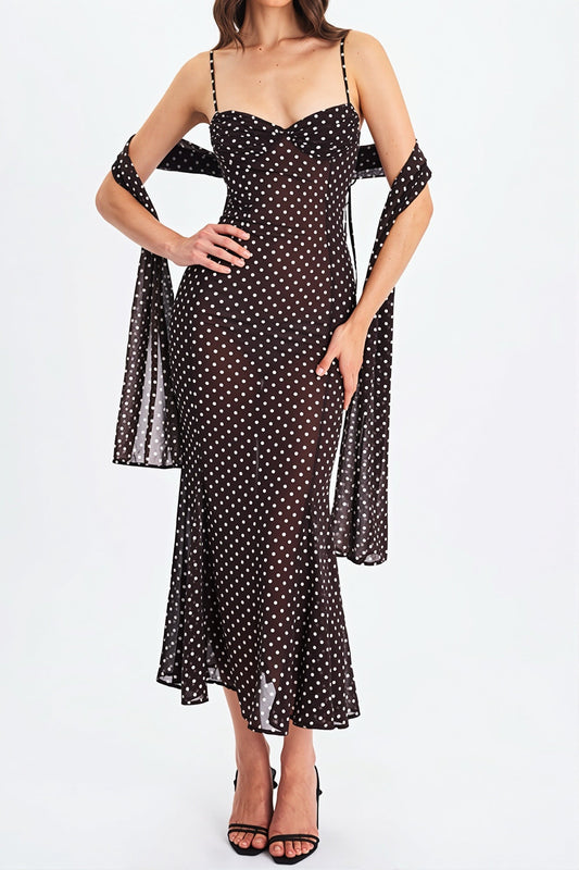 Figurbetontes Maxikleid mit Punktemuster und Netzdetails