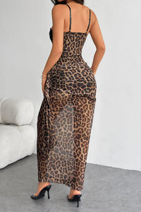 Figurbetontes Maxikleid mit Leopardenmuster und Spitze
