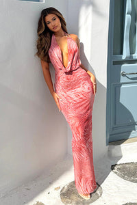 Figurbetontes Maxikleid mit Wasserfallausschnitt und Leopardenmuster