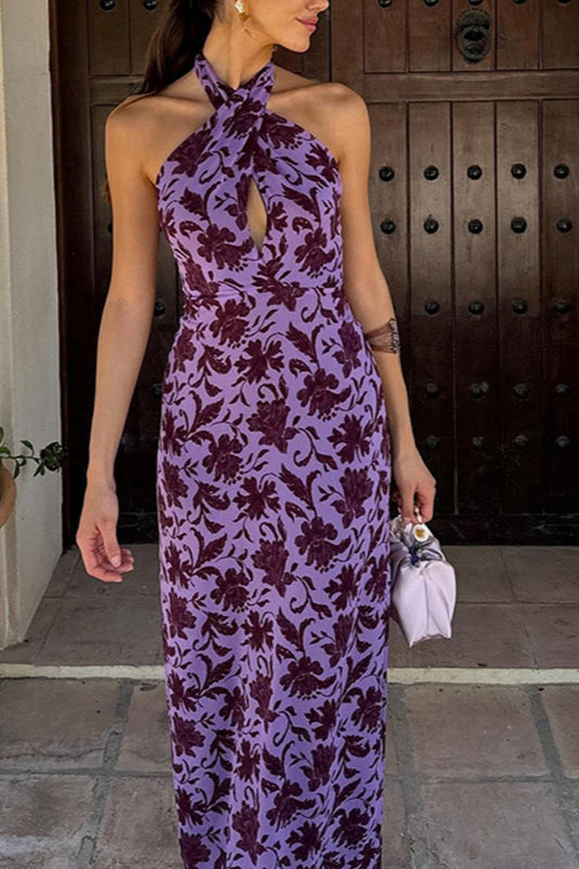 Rückenfreies Maxikleid mit Neckholder, Schlitz und Druck