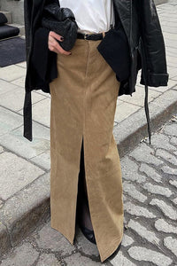 Midirock mit hoher Taille, Schlitz und Wildleder