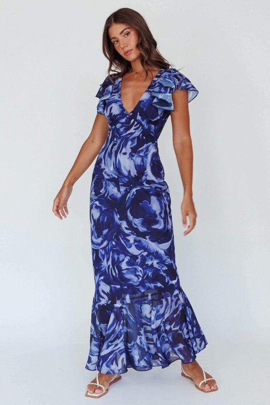 Cecil - Bedrucktes Maxikleid mit Rüschen und V-Ausschnitt