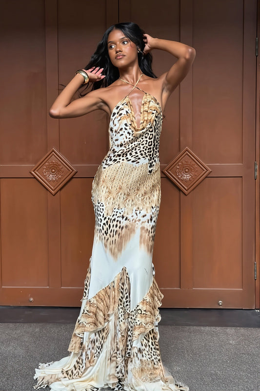 Rückenfreies Maxikleid mit Neckholder, Bindedetail und Leopardenmuster