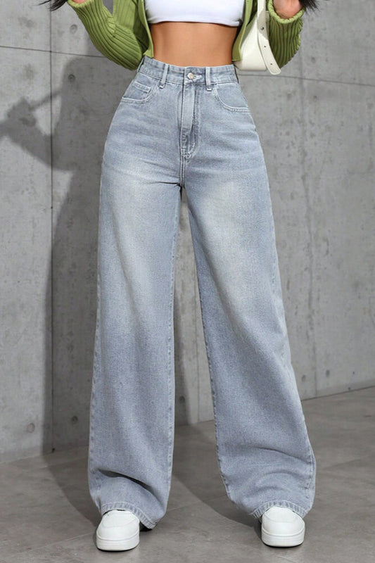 Locker geschnittene Jeans mit hoher Taille in Graublau