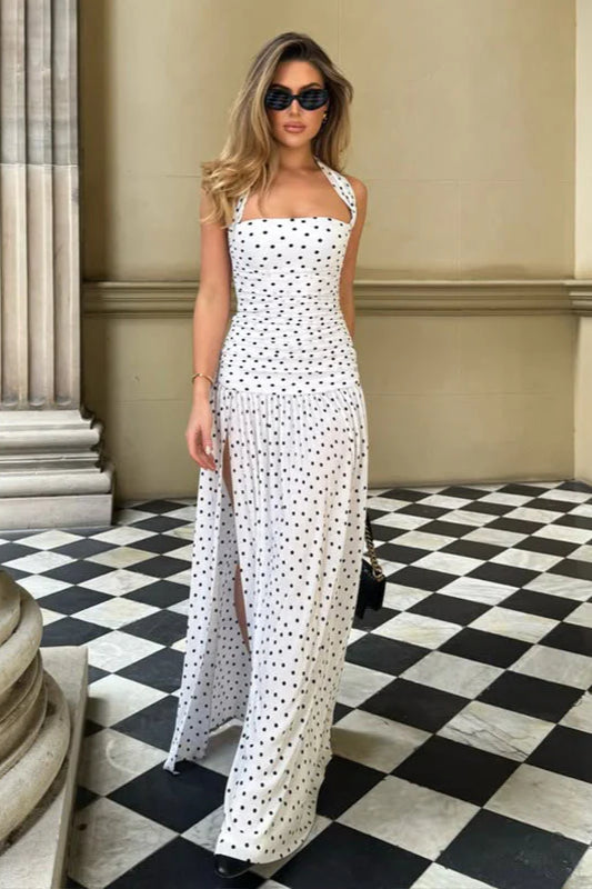 Maxikleid mit Neckholder und Punktemuster in Weiß