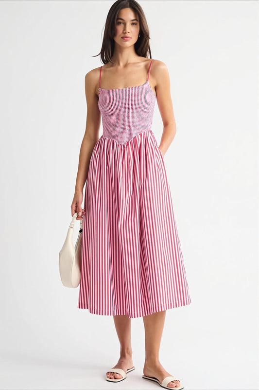Midikleid mit A-Linie, Taschen und Streifenmuster