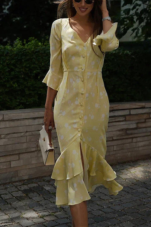Asymmetrisches Kleid mit hoher Taille, Blumenmuster und Rüschen