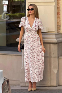 Maxikleid mit V-Ausschnitt, Puffärmeln und Druck