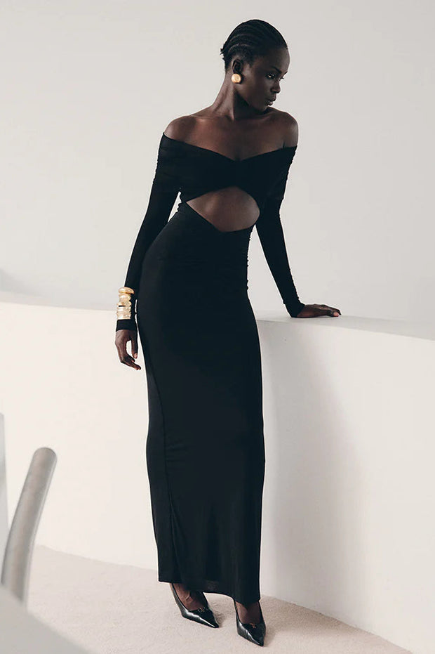 Schulterfreies Maxikleid mit Aussparungen, Patchwork und Netzdetails