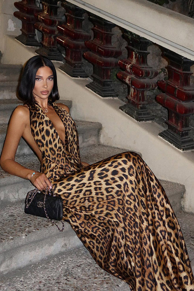 Maxikleid mit V-Ausschnitt, Bindedetail und Leopardenmuster