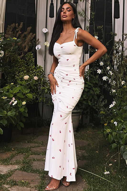 Maxikleid mit Schlitz, Raffung und Druck