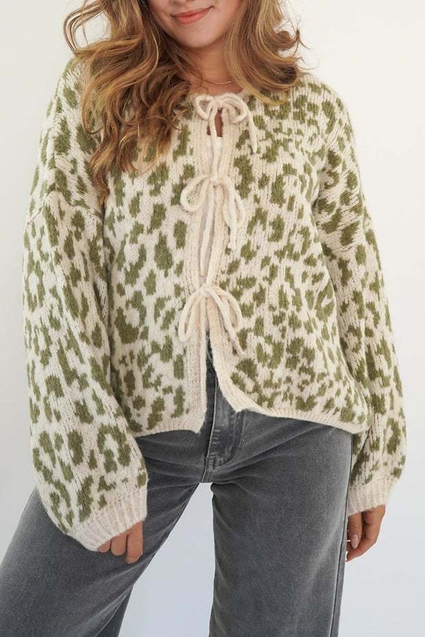 Strickjacke mit Bindedetail, Leopardenmuster und Strickstruktur