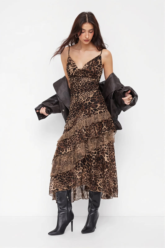 Maxikleid mit Leopardenmuster und Spitze