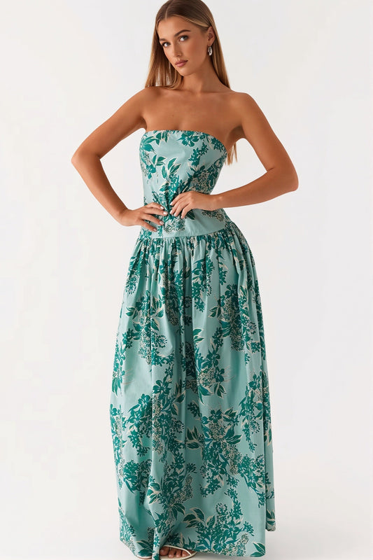 Trägerloses Maxikleid mit Druck in Grün