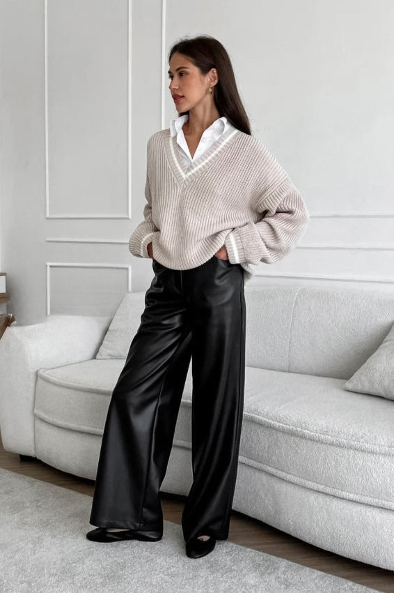 Hose mit Leder in Schwarz