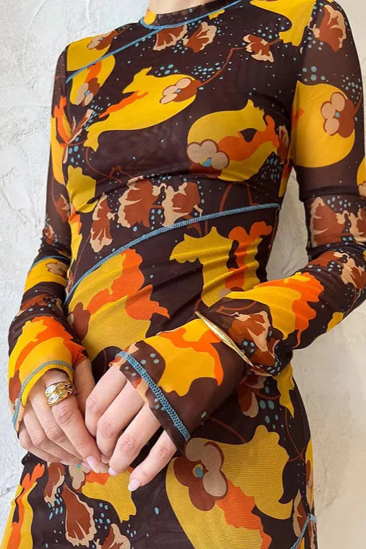 Maxikleid mit langen Ärmeln, Schlitz und Blumenmuster