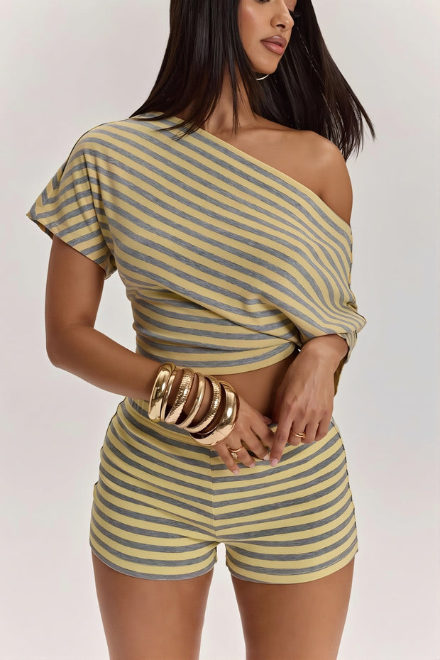 Schulterfreies Zweiteiliges Set mit hoher Taille und Streifenmuster