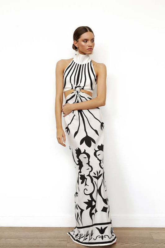 Ärmelloses Maxikleid mit Aussparungen und Druck