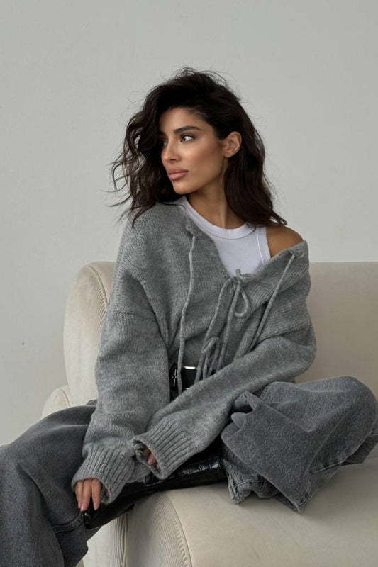 Strickjacke mit langen Ärmeln, Bindedetail und Strickstruktur