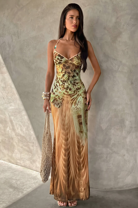 Figurbetontes Maxikleid mit V-Ausschnitt und Druck