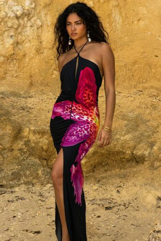 Figurbetontes Maxikleid mit Neckholder, V-Ausschnitt und Schlitz