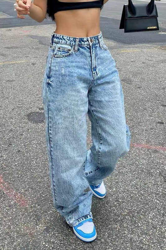 Jeans mit weitem Bein und hoher Taille in Hellblau