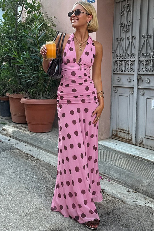 Maxikleid mit Neckholder, V-Ausschnitt und Punktemuster in Rosa