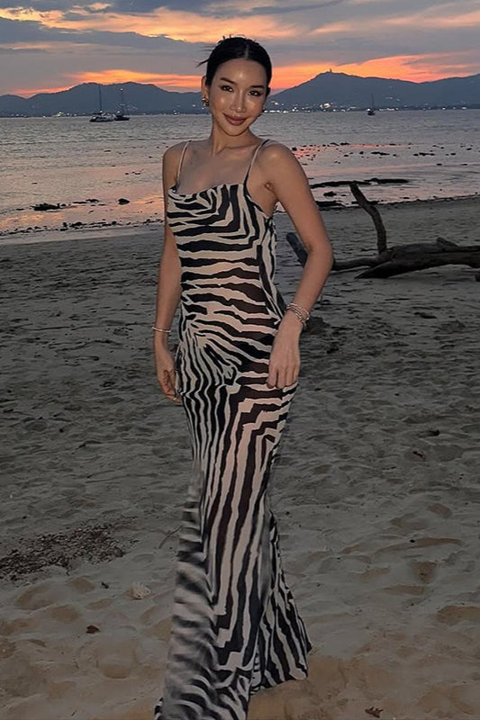Figurbetontes Maxikleid mit Bindedetail und Zebramuster