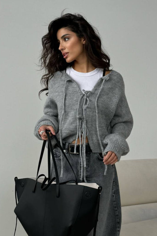 Strickjacke mit langen Ärmeln, Bindedetail und Strickstruktur