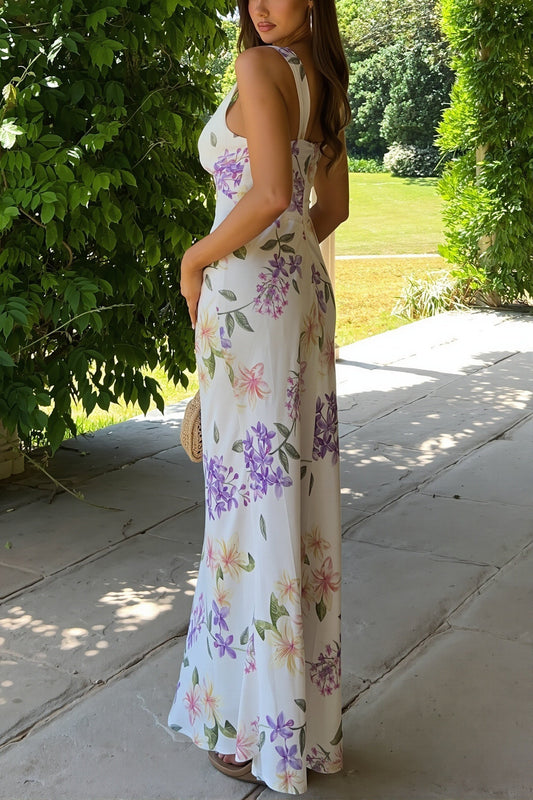 Figurbetontes Maxikleid mit V-Ausschnitt und Blumenmuster in Weiß