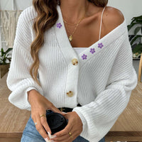 Damen Strickjacke mit V-Ausschnitt und Blumenstickerei mit Puffärmeln - Minerva