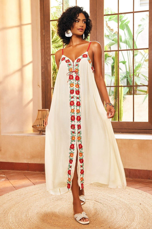 Mila - Schlupf-Maxikleid mit V-Ausschnitt und floraler Stickerei