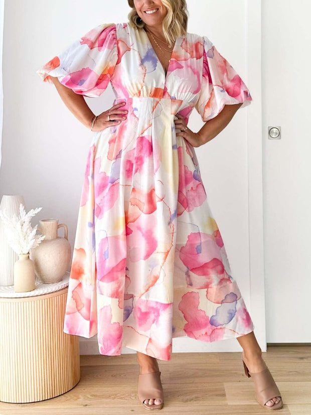 Kara - Elegantes Maxikleid mit Puffärmeln und Blumenmuster in A-Linie